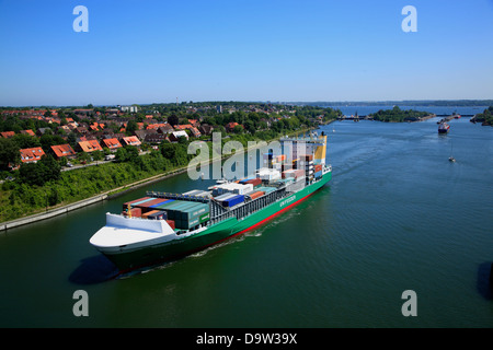 Container ship on Kiel Canal at Kiel-Holtenau Lock, Kiel, Schleswig-Holstein, Germany, Europe Stock Photo