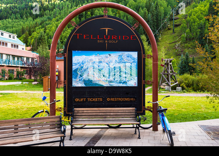Ski resort trail map and chairlift, Telluride, Colorado USA Stock Photo