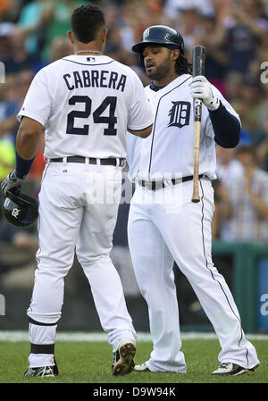 Detroit Tigers' Miguel Cabrera (24) is greetd by on deck batter Prince  Fielder (28) after hitting a two-run home run in the fifth inning of the  baseball game on Wednesday, May 29