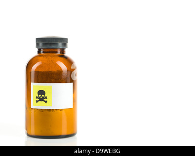 white background with small brown transparent bottle containing a powder and labeled with a warning for toxicity  Stock Photo