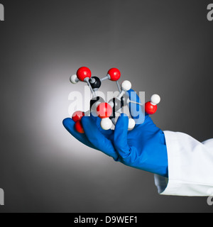 hand in blue rubber glove and white lab coat holding a 3d model of a mollecular structure made of white, black and red spheres with grey bonds, against a gradient grey background Stock Photo