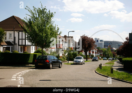 Distant view of Wembley Stadium from Barn Rise from the Barn Hill area of Wembley Park, London, UK Stock Photo