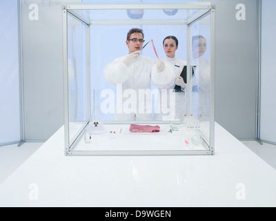 Image of a male and female scientist wearing protective suits reasearching on some biohazard subject in a lab. Stock Photo