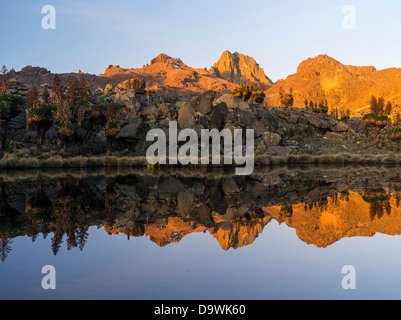 Kenya, Africa, Mount Kenya National Park. Sunrise with the peaks Batian and Nelion with reflection in a mountain lake. Stock Photo