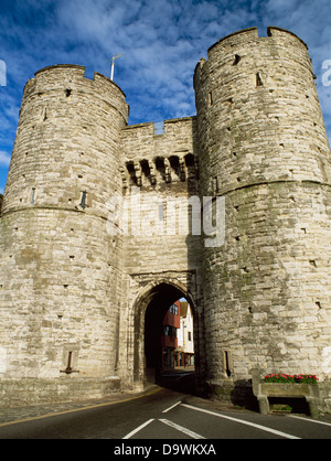 Canterbury, Kent: looking E from outside the walls at the West Gate (1380), the only survivor of the seven town gates of the medieval city. Stock Photo