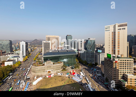 Elevated view over City Hall and Seoul Plaza, Gwanghwamun, Seoul, South Korea, Asia Stock Photo