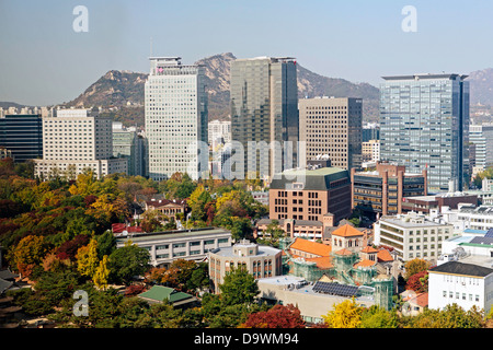 Elevated view over City Hall and Seoul Plaza, Gwanghwamun, Seoul, South Korea, Asia Stock Photo