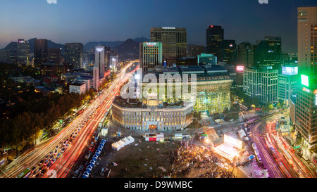 Elevated view over City Hall and Seoul Plaza, Gwanghwamun, Seoul, South Korea, Asia Stock Photo