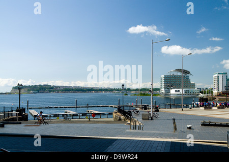 cardiff bay and penarth head from the steps of the assembly building, cardiff, wales. Stock Photo