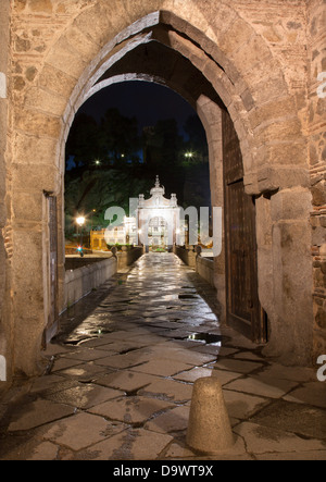 TOLEDO - MARCH 8: Gothic gate of bride Puente de Alcantara at night on March 8, 2013 in Toledo, Spain. Stock Photo