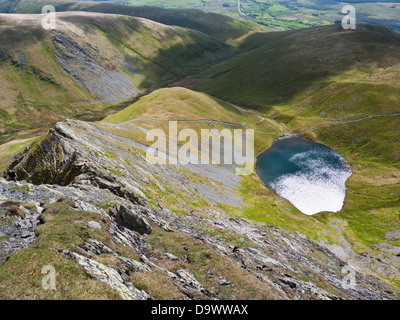 View over Sharp Edge and Scales Tarn from near the summit of Blencathra (or Saddleback), a mountain in the English Lake District Stock Photo
