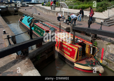 Traditional narrowboat in lock, Stratford-upon-Avon, UK Stock Photo