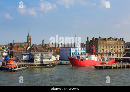 View across sea to RNLI Lifeboat station and LV18 Trinity House Lightvessel by Ha'penny Pier in harbour Harwich Essex England UK Britain Stock Photo