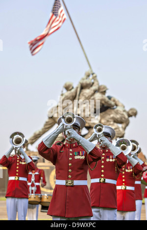 US Marine Drum & Bugle Corps member performs during the Sunset Parade at the Marine Corps War Memorial June 25, 2013 in Arlington, VA. Stock Photo