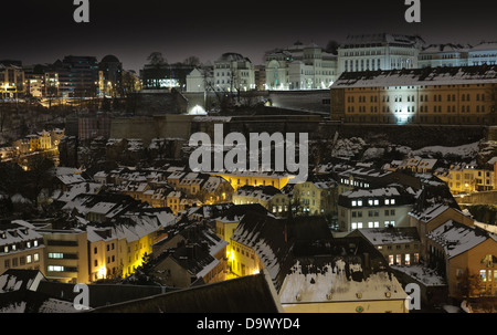 Luxembourg old city area Grund at night under snow Stock Photo