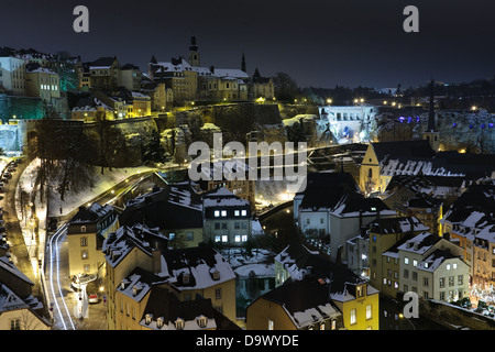 Luxembourg old city area Grund at night under snow Stock Photo