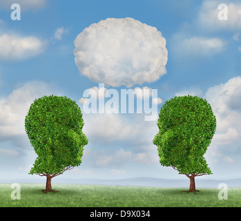 Growing network communication with a group of two trees shaped as a human head with a blank word bubble made of clouds as a business concept of team growth sending a message with cloud technology.