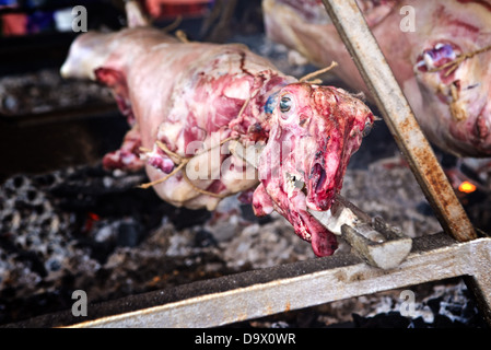 Whole roasted lamb on a steel spit Stock Photo