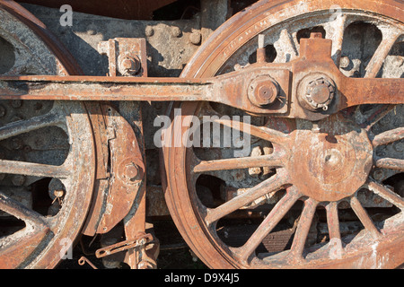 detail of driving rod mechanism in rust on old steam locomotive Stock Photo