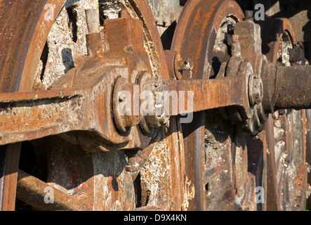 detail of driving rod mechanism on old steam locomotive in rust Stock Photo