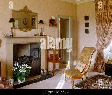 Small upholstered chair in front of fireplace in cottage living room with patterned curtains and pot of white hydrangeas Stock Photo