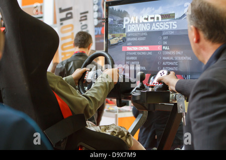 Visitors of ProfiAuto Show 2013, Katowice, Poland, watching on driving simulator. Stock Photo