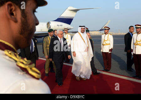 June 27, 2013 - Doha, Doha, Qatar - Palestinian President Mahmoud Abbas walks with Qatar's Emir Sheikh Tamim Bin Hamad Al Thani during a welcoming ceremony in Doha June 27, 2013  (Credit Image: © Thaer Ganaim/APA Images/ZUMAPRESS.com)