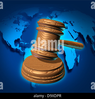 Global law and international business justice system with a judge gavel or mallet making a judgement based on government regulations with a world map in the background. Stock Photo