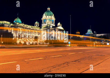 Serbian parliament in Belgrade at night Stock Photo