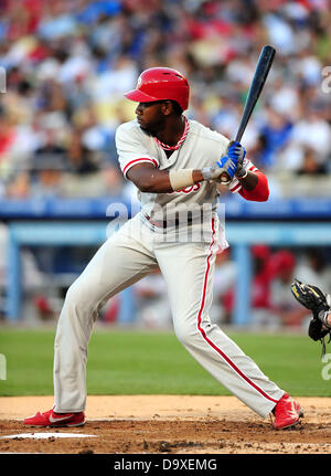 Philadelphia Phillies left fielder Domonic Brown (9) prepares for the game  against the Colorado Rockies. The