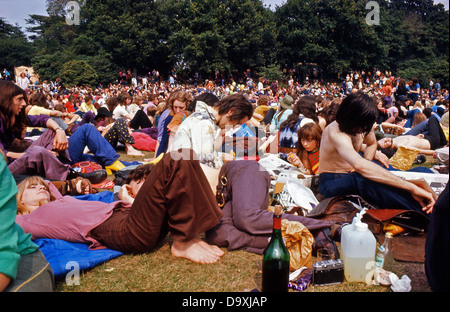 Archival photo of 70s 1970s crowd of young people relaxing fans at the Roxy Music Garden Party Music Festival summer concert in at Crystal Palace in South London England UK 1972  KATHY DEWITT Stock Photo