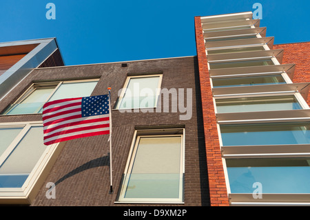 american flag hanging outside during July 4th in Enschede, Netherlands Stock Photo