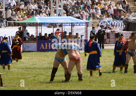 Wrestling competition during the annual Naadam Festival at the National Stadium in Ulaan Baatar, Mongolia, Asia Stock Photo