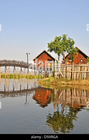 footbridge and hotel room on stilts Inle lake Myanmar Stock Photo