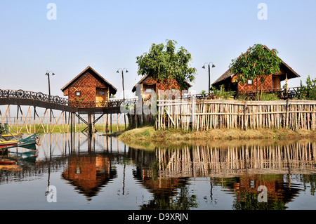 footbridge and hotel room on stilts Inle lake Myanmar Stock Photo