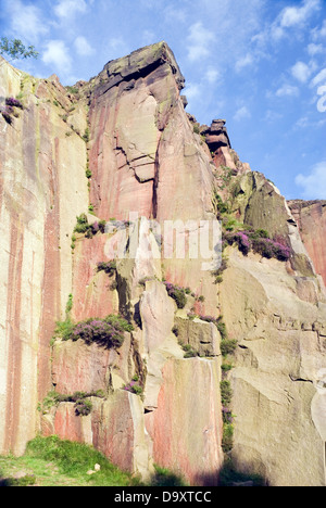 Looking up at Millstone Edge, a sheer cliff face jutting out of the Peak District landscape, Derbyshire, UK Stock Photo