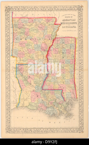 Map of Arkansas, Mississippi and Louisiana