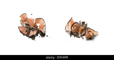 brown eyeliner pencil shavings cut out onto a white background Stock Photo