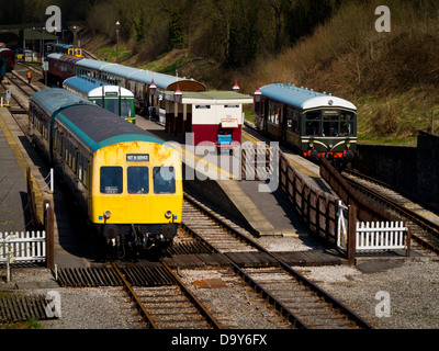 Diesel Multiple Unit railway trains on the Ecclesbourne Valley Railway at Wirksworth Derbyshire Dales Peak District England UK Stock Photo