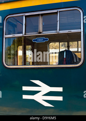 Old British Railways logo on passenger train at Ecclesbourne Valley Railway Wirksworth Derbyshire Dales England UK Stock Photo