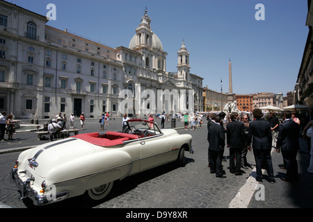 White Cabriolet for wedding on Piazza Navona, Rome, Italy Stock Photo