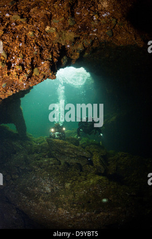 Mexico, Cozumel, Cenote Aerolito de Paraiso, Woman diving, high angle view Stock Photo