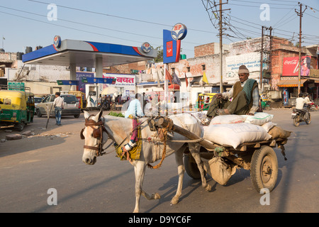 India, Uttar Pradesh, Agra, horse and cart passing in front of fuel garage Stock Photo