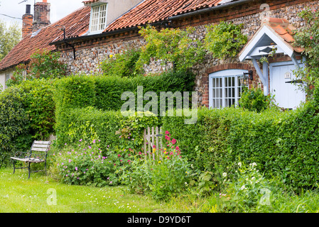Row of flint faced cottagres with privet hedge and garden seat, Norfolk, England. Stock Photo