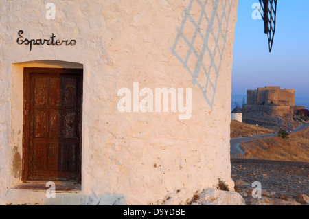 Windmills and Castle of the Knights of St. John of Jerusalem, Consuegra, Toledo province, Route of Don Quixote, Castilla-La Manc Stock Photo