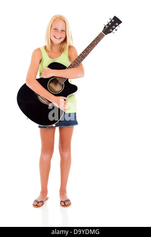 cheerful teen girl holding a guitar on white background Stock Photo