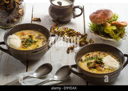 Two plates of mushroom soup and fresh ingredients Stock Photo