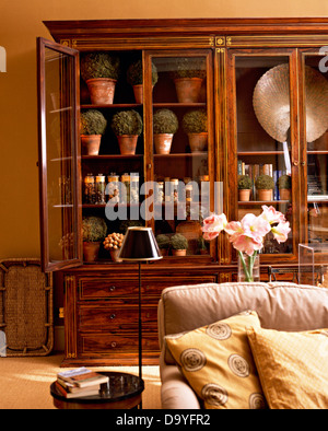 Glass fronted wooden antique display cupboard and upholstered sofa in French country living room Stock Photo