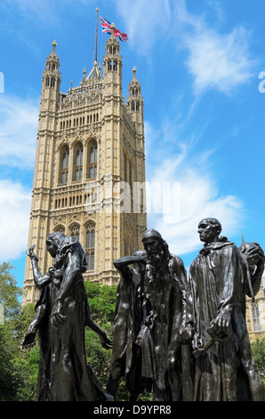 Les Bourgeois de Calais sculpture by Auguste Rodin completed in 1889 in front of Victoria Tower London England. Stock Photo