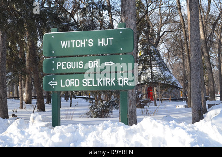 Signage and Witch's Hut in Kildonan Park (Winnipeg, Manitoba) Stock Photo